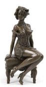 Bronze-Figur "Frau im Negligee auf Hocker sitzend", Nachguß, bez. "Cilo", braun patiniert, Gießerpl