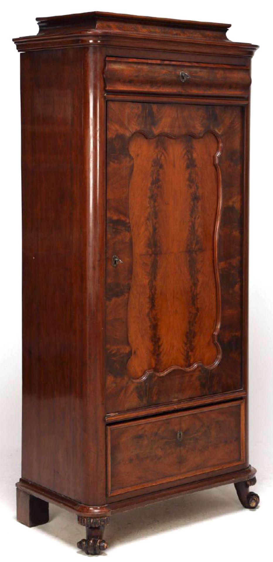 Biedermeier-Silberschrank, Mahagoni furniert, 1-türiger Korpus mit 2 Schubkästen, 157x72x41 cm