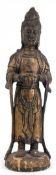 Figur "Buddhistische Gottheit", Holz geschnitzt, auf rundem Stand, goldfarben gefasst, am Stand und