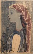 Gauguin, Paul Rene (1911-1976) "Halbporträt einer Frau mit langen Haaren und Tuch", Farbholzschnitt