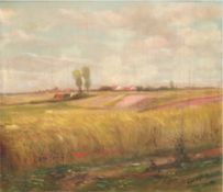 Spanoghe, Leo (1874-1955, belgischer Maler) "Weite Dorflandschaft mit Kornfeld", Öl/SH., signiert
