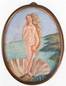 Miniatur " DieSchaumgeborene" nach Botticelli, um 1900, oval, Mischtechnik/Bein, 7,8x5,8 cm, hinter