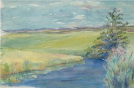 Büchsel, Elisabeth (1867-1957 Stralsund) "Wiesenlandschaft mit Bachlauf", Aquarell, signiert u.l., 