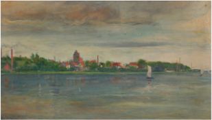Wedel, Margarete (1863 Königsberg-1936?) "Ansicht von Lyck?", Öl/ Mp., sign. u.l., 29,5x52 cm, Rahm