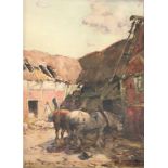 Terris, John (1865-1914) "Innenhof eines Bauerngehöfts mit Pferden und Schweinen", Aquarell, sign.