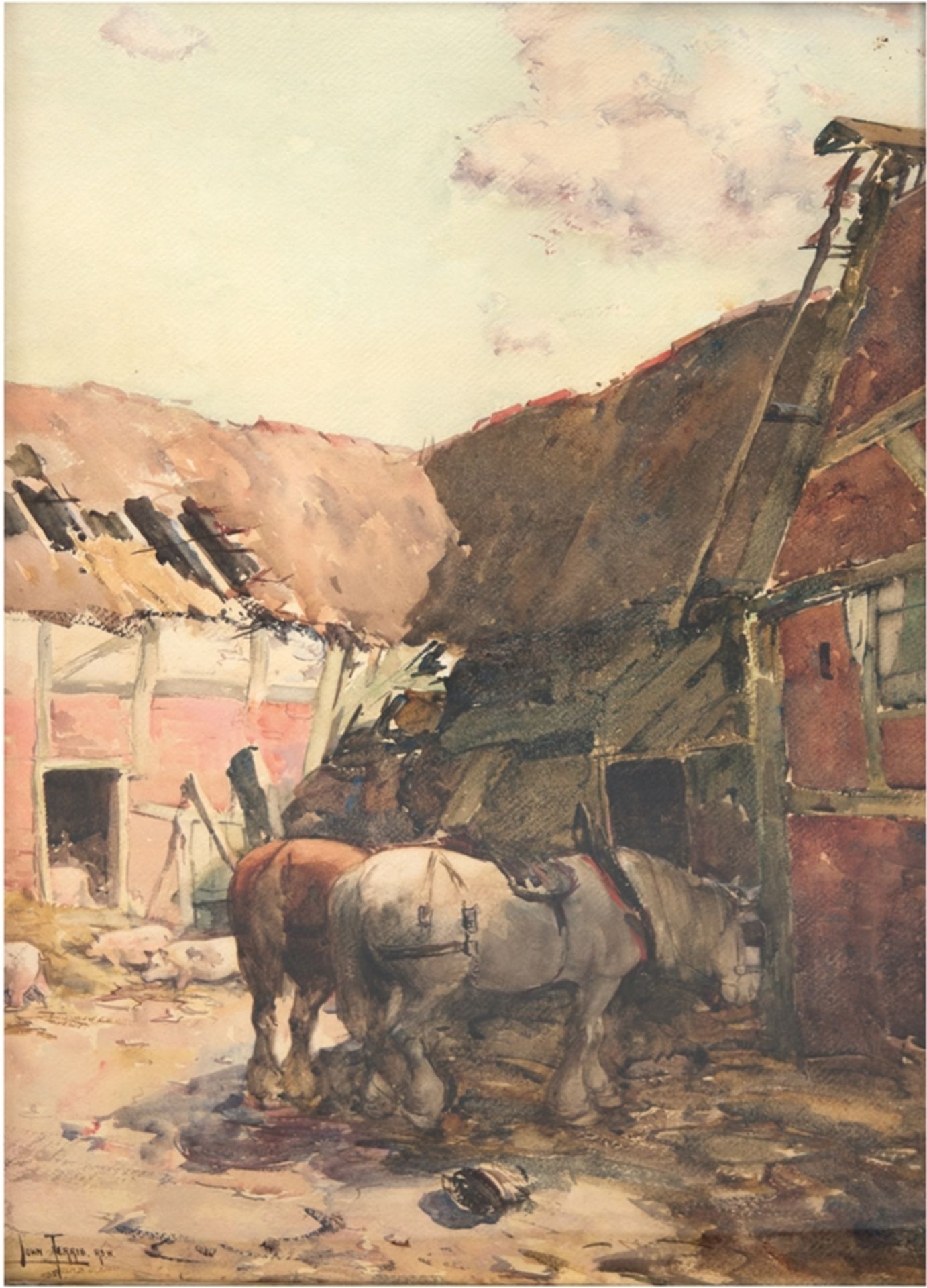 Terris, John (1865-1914) "Innenhof eines Bauerngehöfts mit Pferden und Schweinen", Aquarell, sign. 