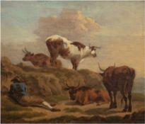 Romeyn, Willem (ca. 1624 Haarlem- 1694 ebenda) "Ruhender Kuhhirte mit seiner Herde", Öl/Holz, Rests