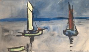 Winkler, F. (20. Jh.) "Boot und Segelboote auf ruhiger", Aquarell, mit Bleistift signiert und datie