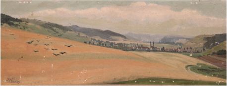Schlögl, Josef v. (1851- 1918 ) "Blick ins Tal mit Kleinstadt", Öl/Mp., Signaturstempel aus Nachlaß
