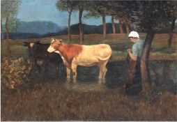 Brandes, Willy (1876 Potsdam-1956 Berlin) "Bäuerin mit ihren Kühen am Weiher", Öl/ Sperrholz, unsig