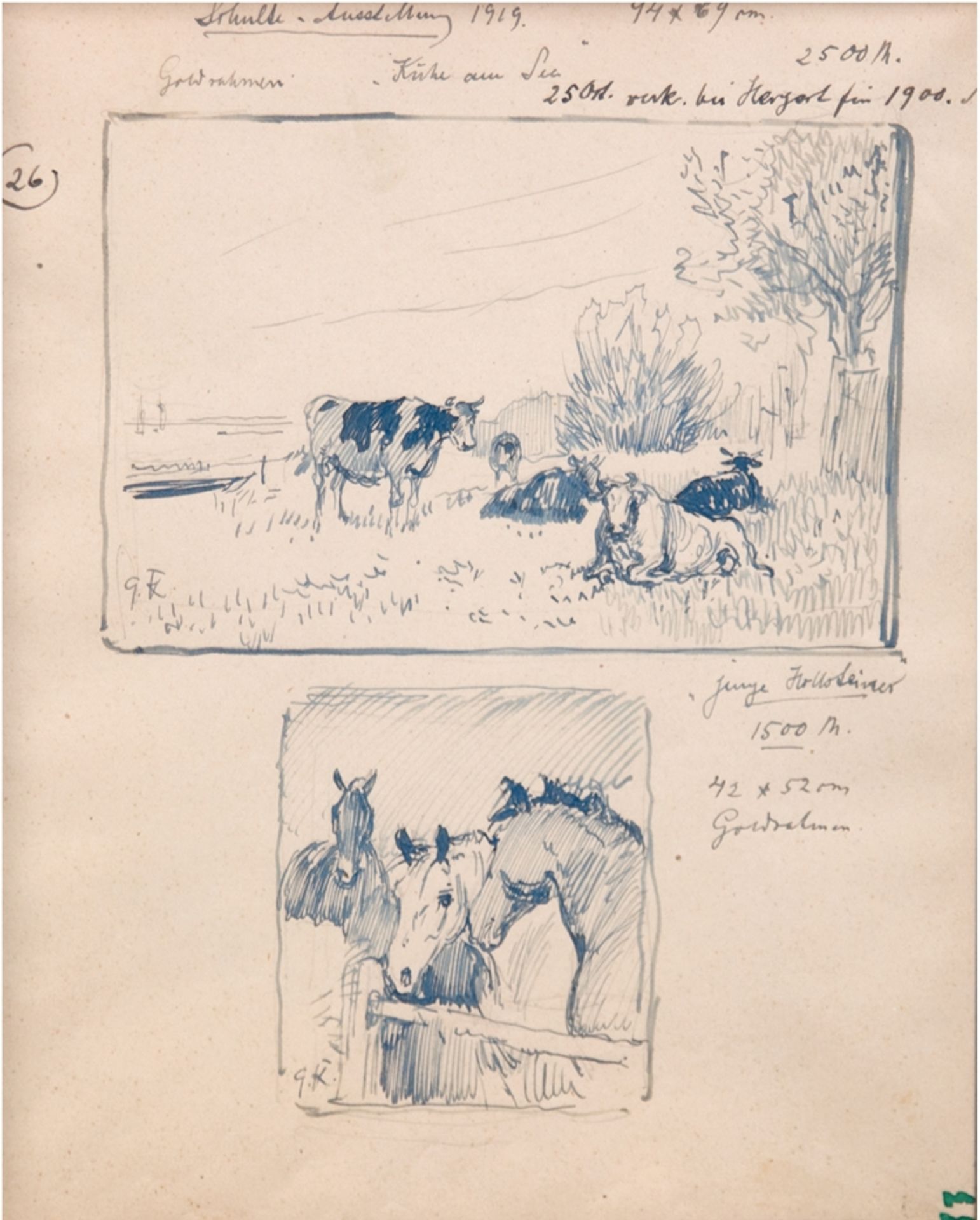 Koch, Georg (1857 Berlin- 1936 ebenda) "Kühe am See" und "Junge Holsteiner", Federzeichnungen, jewe