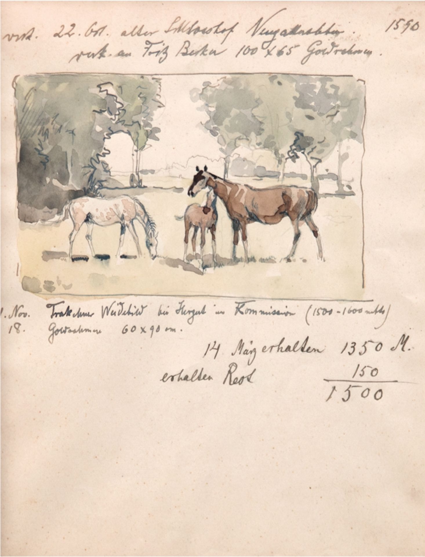 Koch, Georg Karl (1857 Berlin- 1936 ebenda) "Zwei Stuten und Fohlen auf der Weide", aquarellierte F