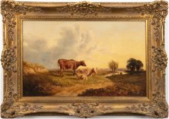 Widgery, William (1822 Uppercot-1893 Exeter) "Zwei Kühe und eine Ziege in weiter Flusslandschaft", 