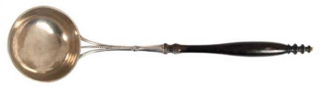 Biedermeier-Suppenkelle, Silber, punziert, 178 g, gedrechselter, ebonisierter Holzgriff, L. 42 cm