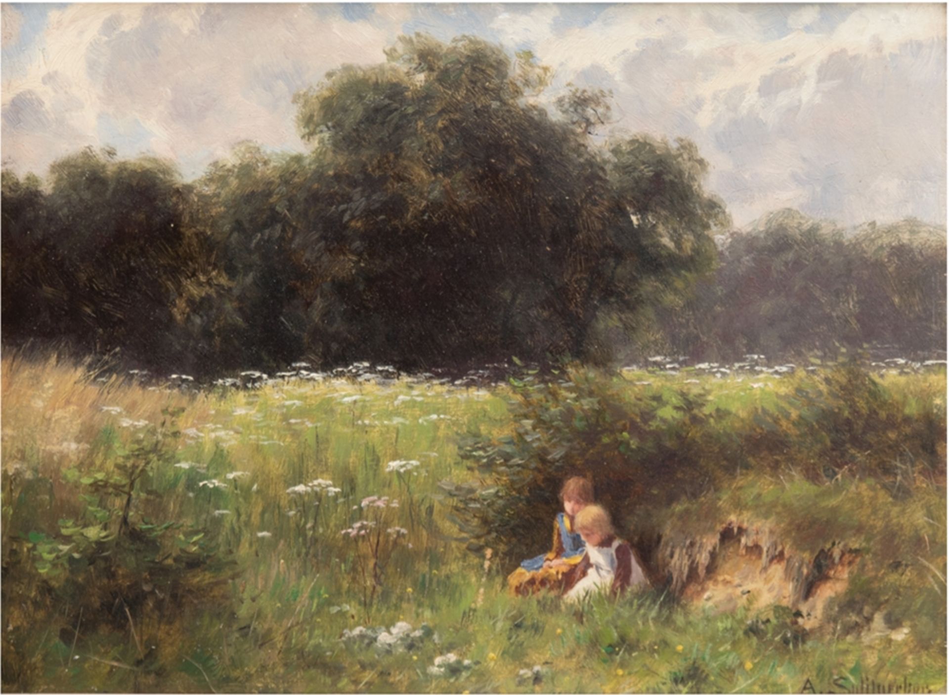 Splitgerber, August Karl Martin (1844 Steingaden- 1918 München) "Auf der Wiese spielende Kinder", Ö