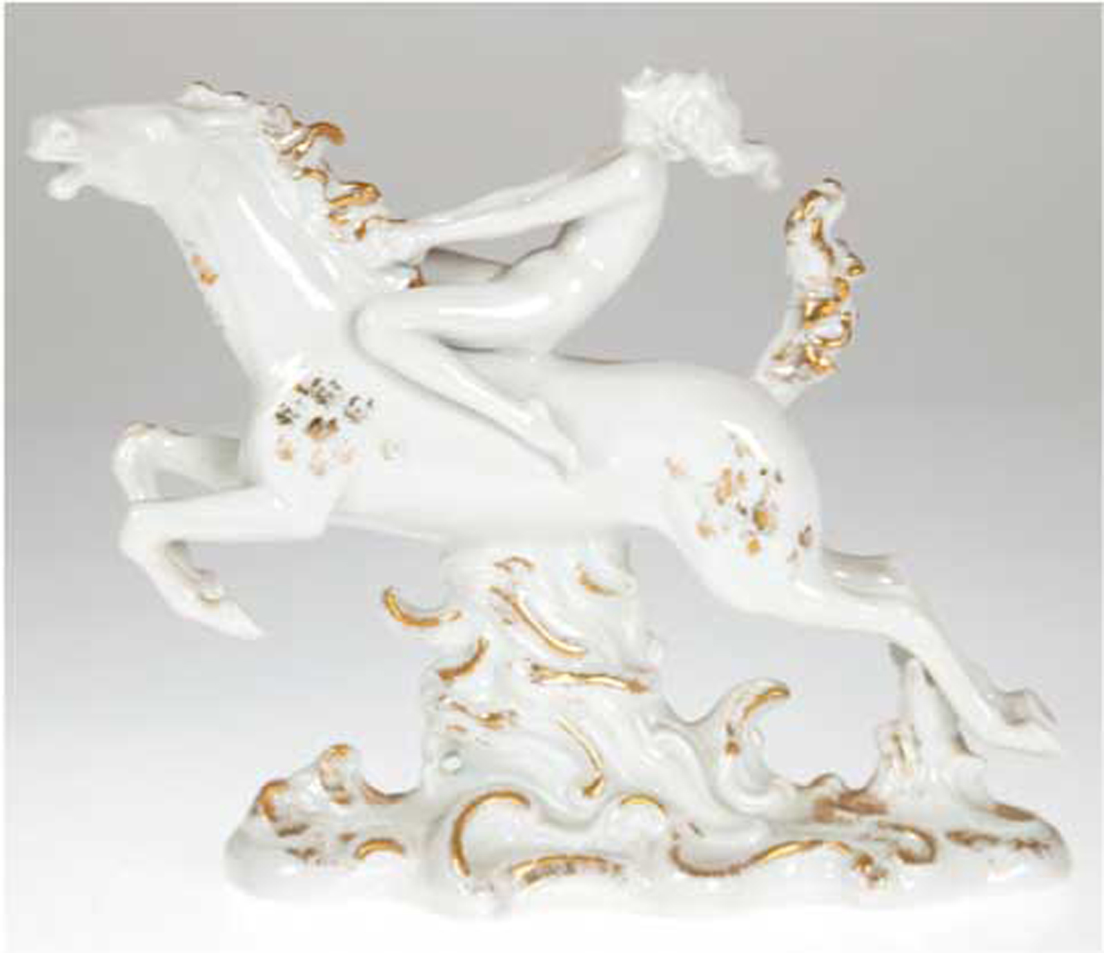 Porzellanfigur "Amazone auf Pferd", Fraureuth, weiß mit Goldstaffage, H. 21 cm