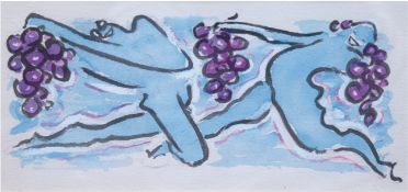 "Tanzende Akte mit Trauben", Aquarell , unsigniert, 12,5x26 cm, hinter Glas im Passepartout und Rah