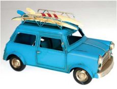 Modellauto "Morris-Cooper mit 2 Surfbrettern", 1970er Jahre, Metall, hellblau, 13,5x24x12 cm