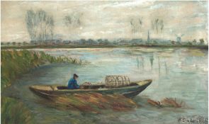 Dodenhoff, Heinz (1889 Tarmstedt-1981 Worpswede) "Worpsweder Landschaft mit Kahn am Ufer der Hamme"