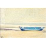 Monogrammist HJ "Fischerboot am Strand", Mischtechnik, monogr. u.l. und dat.´69, 19,5x29,5 cm, Rahm