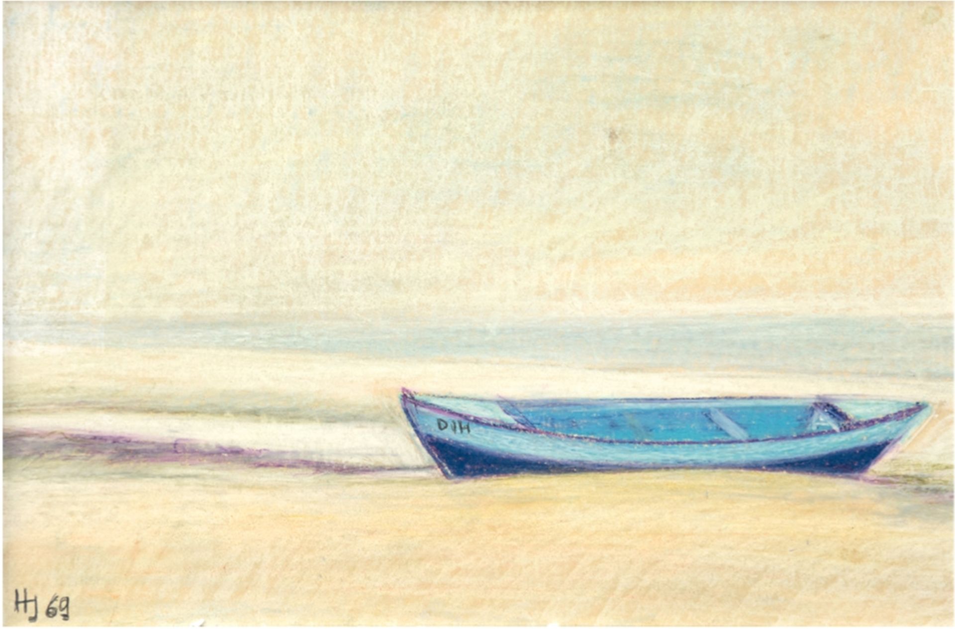 Monogrammist HJ "Fischerboot am Strand", Mischtechnik, monogr. u.l. und dat.´69, 19,5x29,5 cm, Rahm