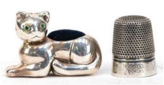 Fingerhut, Silber Dorcas und kleines Nadelkissen in Katzenform, 925er Silber
