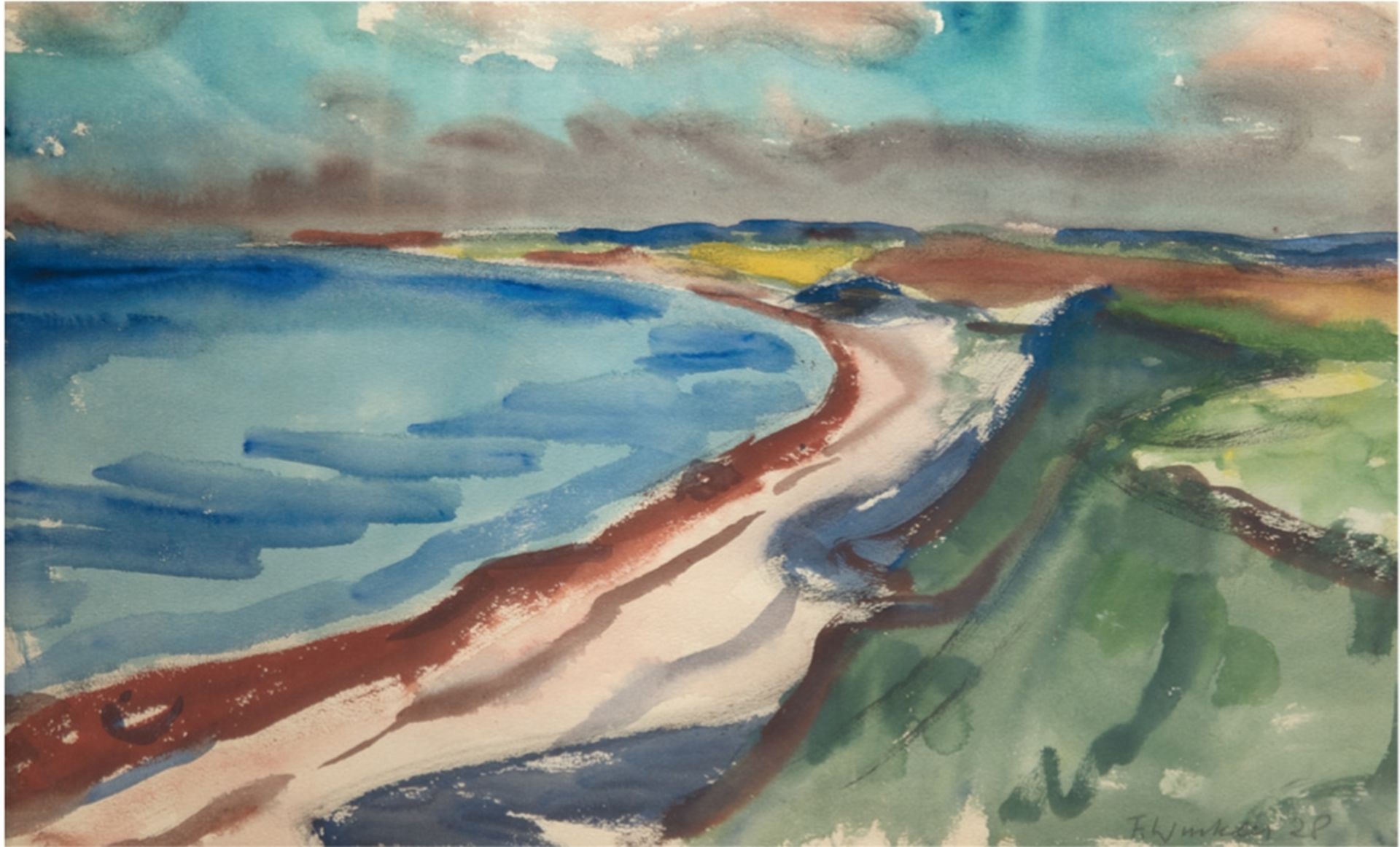 Winkler, F. (20. Jh.) "Blick auf Meeresbucht mit Dünen und Strand", Aquarell, mit Bleistift signier