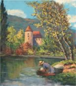 Französischer Maler Anf. 20. Jh. "Wäscherin am See", Öl/Lw. auf Pappe, undeutl. sign. u.r. und dati