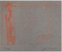 "Abstrakt- Orange auf Grau" Grafik 2/10, unleserl. signiert u.r., 14,5x19,5 cm, Blatt 25x33 cm, hin