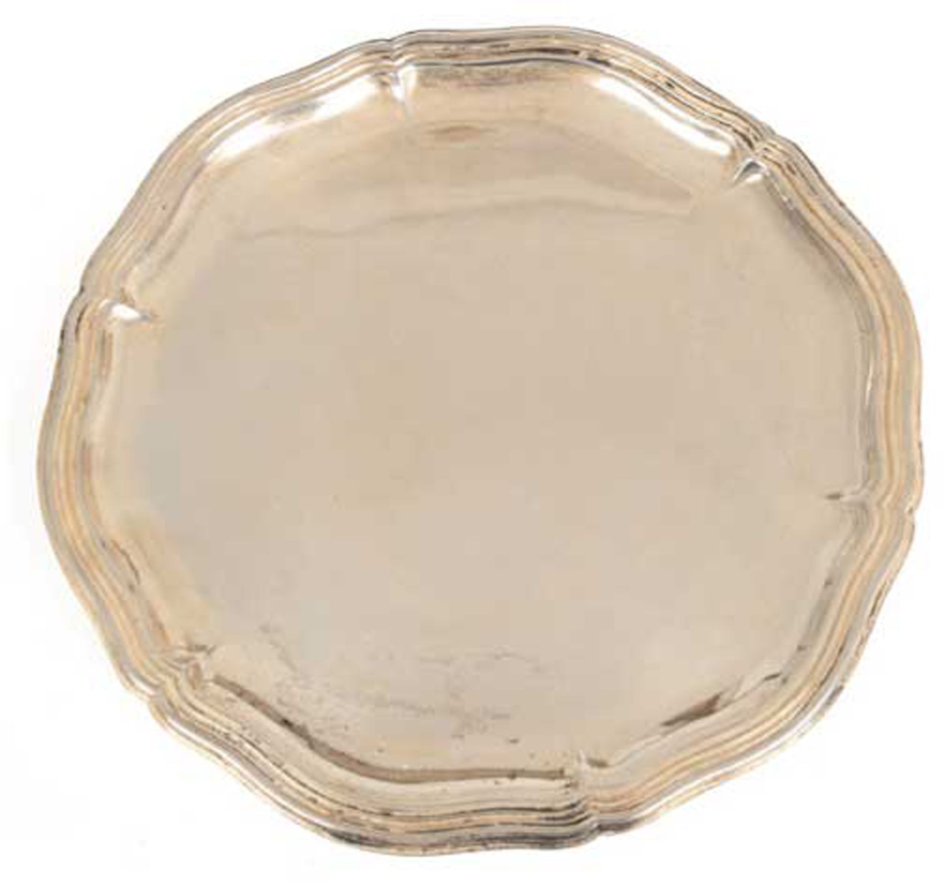 Tablett, 835er Silber, punziert, 285 g, runde Form mit geschweiftem Profilrand, Dm. 25,5 cm