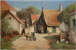 Impressionist "Bauernstelle mit Bäuerin ", undeutl. signiert u.r., 49,5x69,5 cm, ungerahmt