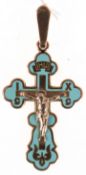 Kreuzanhänger, 585er GG, hellblau emailliert und reliefierte Darstellung von Jesus, 2,9x1,8 cm (ohn