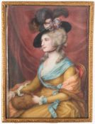 Miniatur "Porträt einer Dame mit Muff und Federhut", 19. Jh. Öl/Bein, signiert "Weigel" m.r., 11,5x