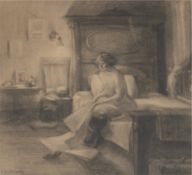 Walcher, Ferdinand Edward (1895-1955, amerikanischer Künstler) "Junge Frau auf dem Bett sitzend",  