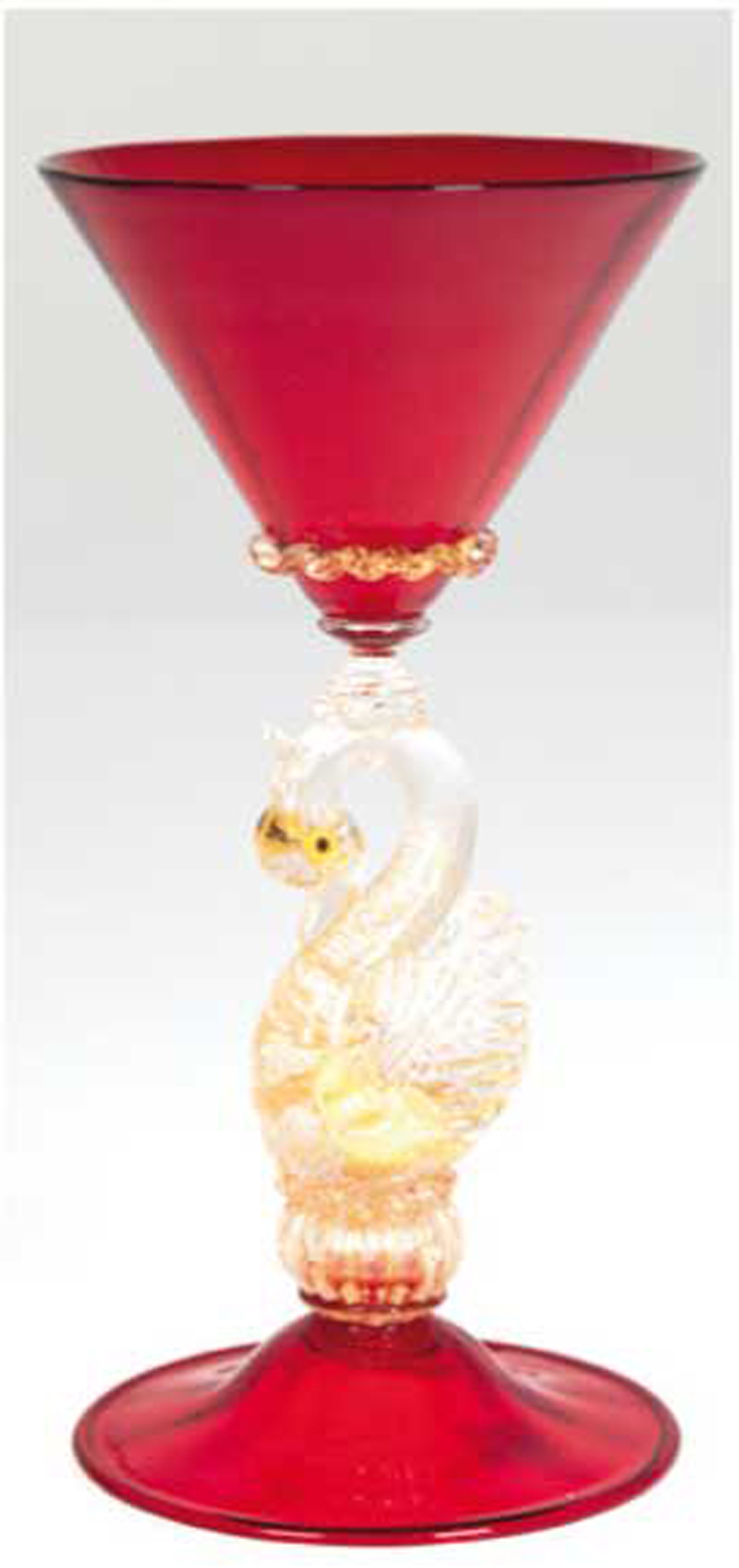 Venezianischer Pokal, 20. Jh., Murano, roter Stand und Kelch, farbloser figürlicher Schaft in Schwa