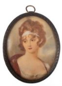 Miniatur "Porträt eines jungen Mädchens mit Perlen im Haar", oval, Anfang 20. Jh., Gouache/Bein, si