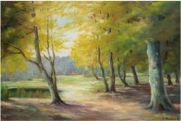 Handreke, A. "Parklandschaft im Frühling", Öl/SH, sign. u.r., 47x68 cm, Rahmen