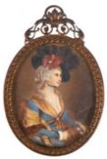 Miniatur "Porträt einer Dame mit Muff und Pelzstola", 19. Jh. Öl/Bein, undeutl. signiert m.r., oval