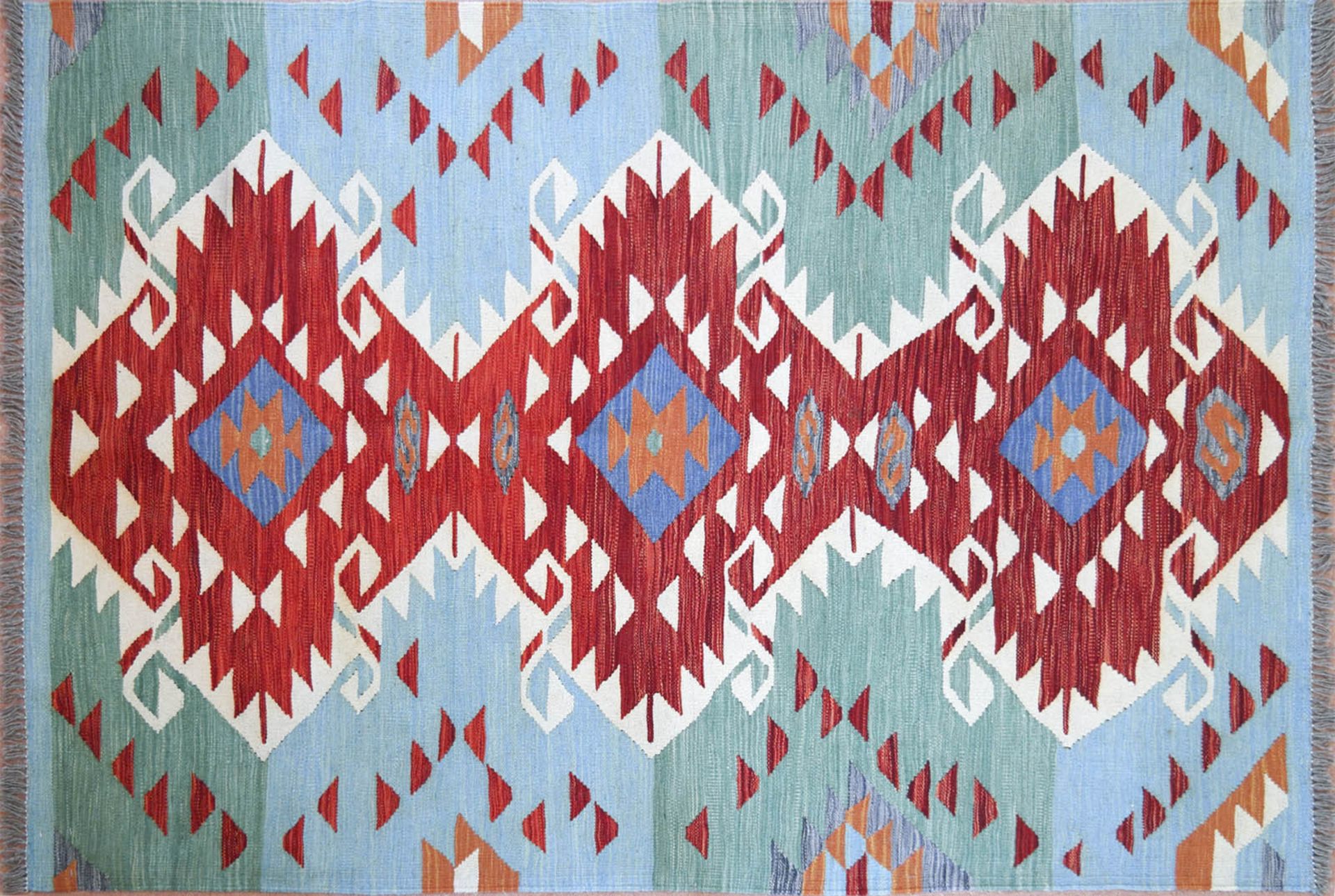 Shiraz Kelim, blaugrundig mit rotem Rautenmuster, 203x145 cm