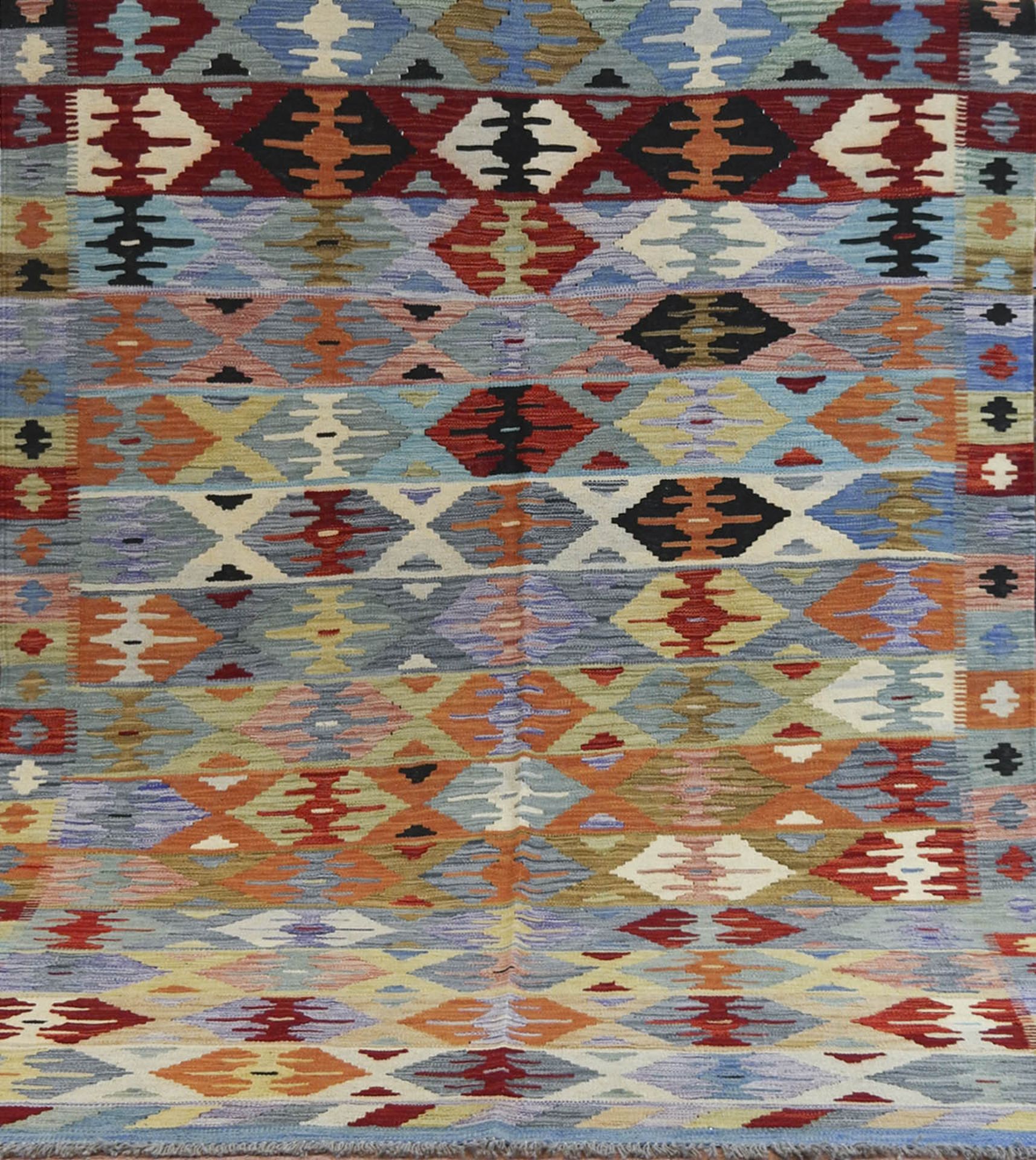 Shiraz Kelim, polychromer Streifendekor mit Rautenmuster, 245x173 cm