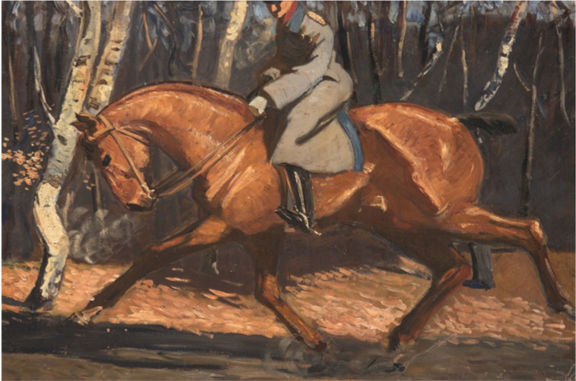"Reiter zu Pferd im Herbstwald", Öl/Mp., unsign., kl. Knickfalten im unteren Bereich, 47x67,5 cm, R