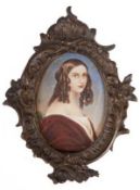 Miniatur "Porträt einer jungen Dame mit Lockenfrisur", um 1900, Gouache/Bein, undeutl. signiert m.l