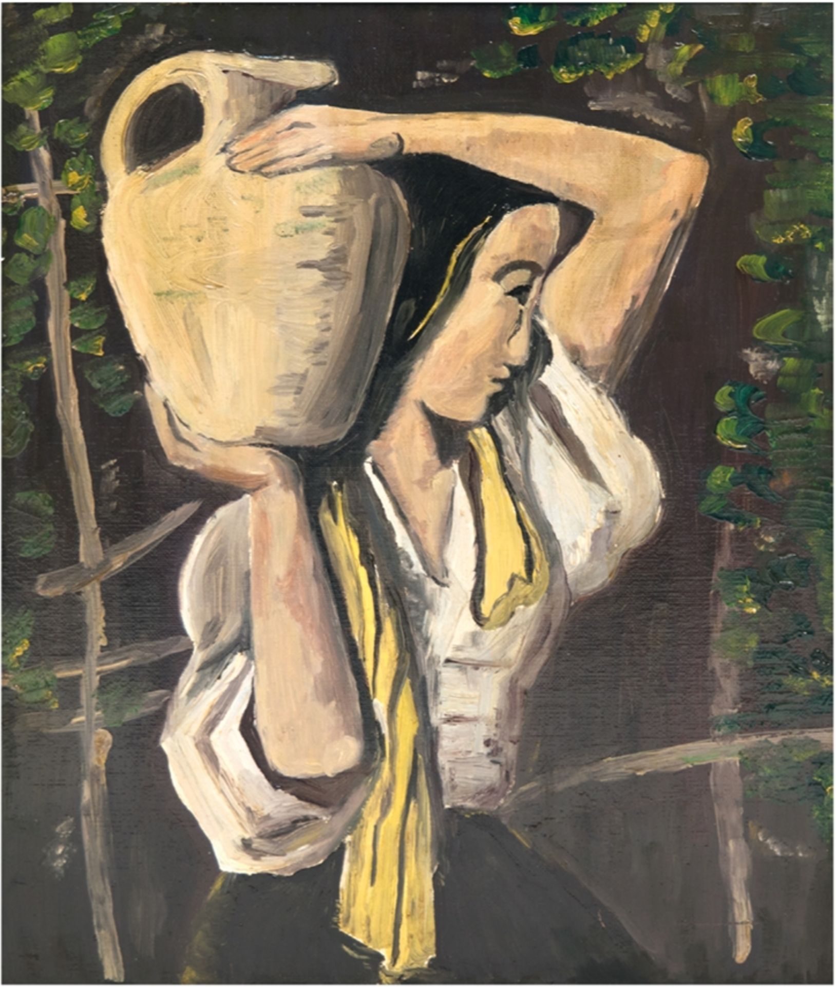 "Frau mit Wasserkrug", in der Art von Carl Hofer, Öl/ Mp., unsign., 50x40 cm, Rahmen