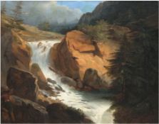 Romantiker um 1830 "Berglandschaft mit Wasserfall", Öl/Lw., 3 kl. Hinterlegungen, doubliert, 42,5x5