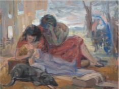 Lombardi, Fernando (1913, italienischer Maler) "Junge Familie mit Hund vor einer expressiv gestalte