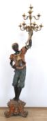 Große venezianische Figur im Barockstil "Mohr mit Fackelleuchter", Holz, geschnitzt farbig gefaßt u