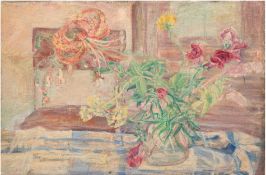Fischeder, Katharina Ida (1894-1982 Saarow) "Expressives Stilleben mit Blumen in Glasvase", Öl/Lw.,