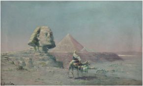 Bouvier, M.  (Male des 19. Jh.) "Karawane vor Sphinx und Pyramiden von Gizeh", Öl/Lw., signiert u.l