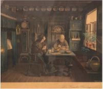 "Dänische Bauernstube", um 1860, kolorierte Litho., in der Platte sign. "Vald. Kornerup", an den Rä