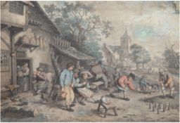 Janinet, Jean-Francois (1752-1818) "Flämische Dorfszene" nach Adriaene van Ostade,  kolorierter Dru
